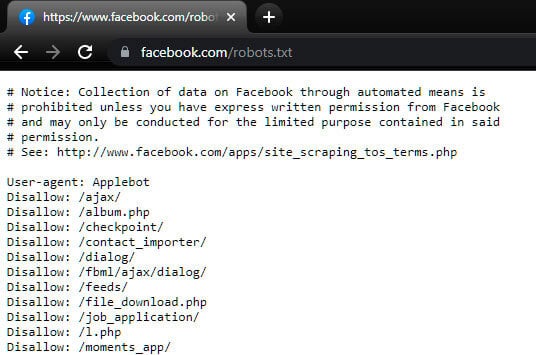 Facebook Robots.txt File